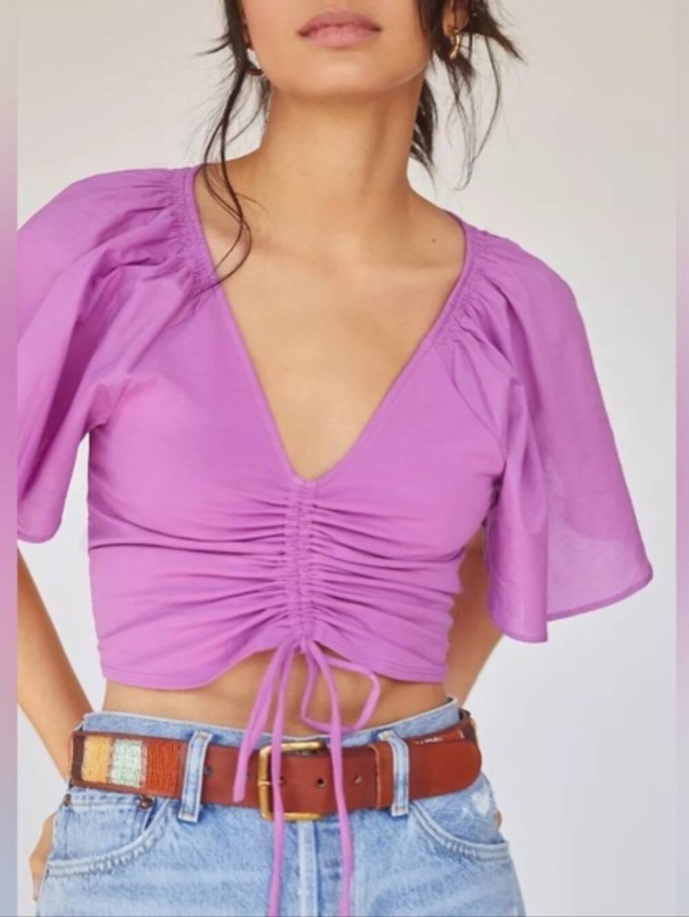 Anthropologie Flutter Sleeve Drawstring V-Neck Crop Top